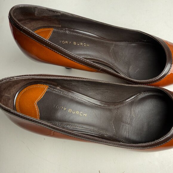 Tory Burch Angle Pointed Toe Pumps Patent Leather Tan Chocolate Size 8M Preppy - Picture 6 of 13